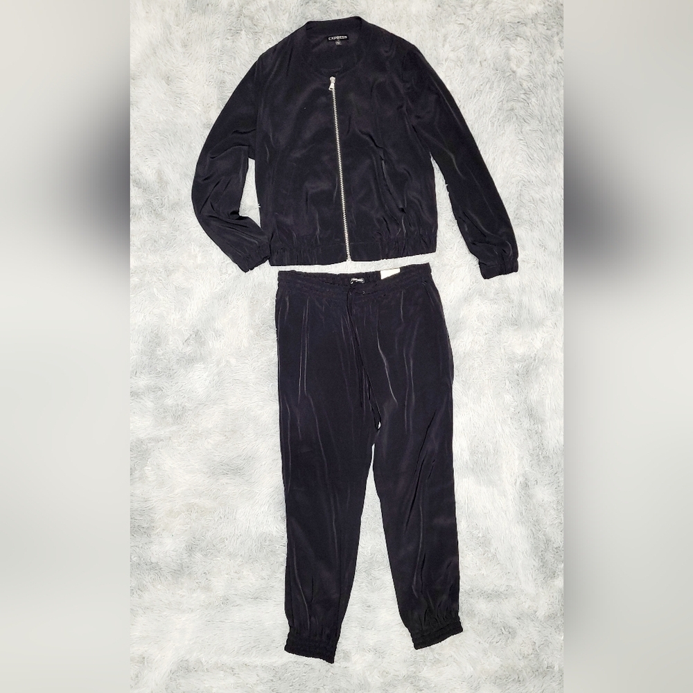 Express Black, Silky 2pc Lightweight Jogger Set w/Jacket & Pants, Size S - Picture 2 of 9